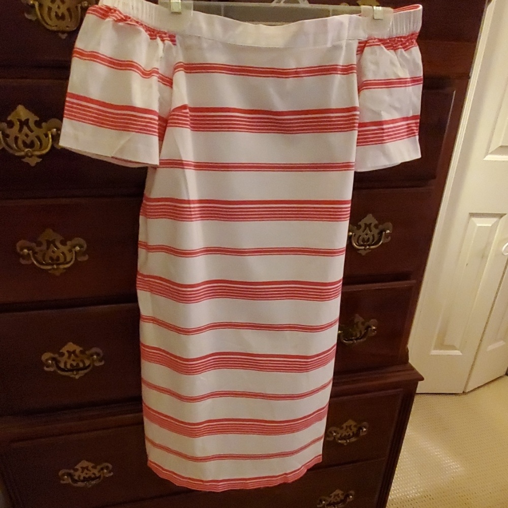 Pink/White Maison Jules Stripe Off Shoulder Dress